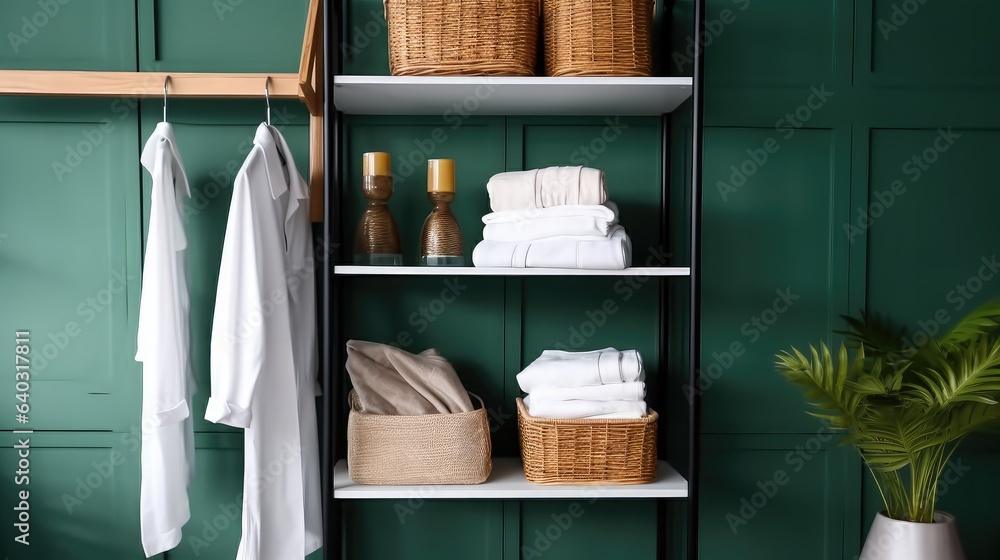 Shelving unit with clothes, Towels and plant in modern bathroom.