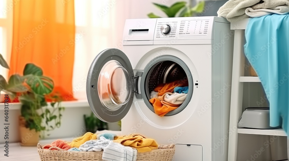 Laundry Room with washing machine, Dryer, Laundry basket and folded towels.