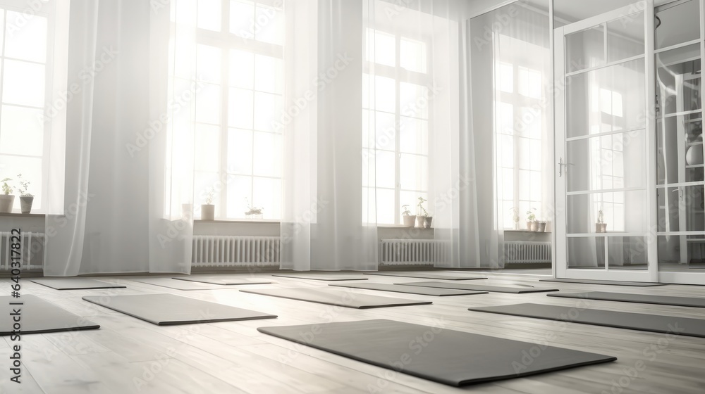 Spacious bright yoga studio studio with exercise mats.