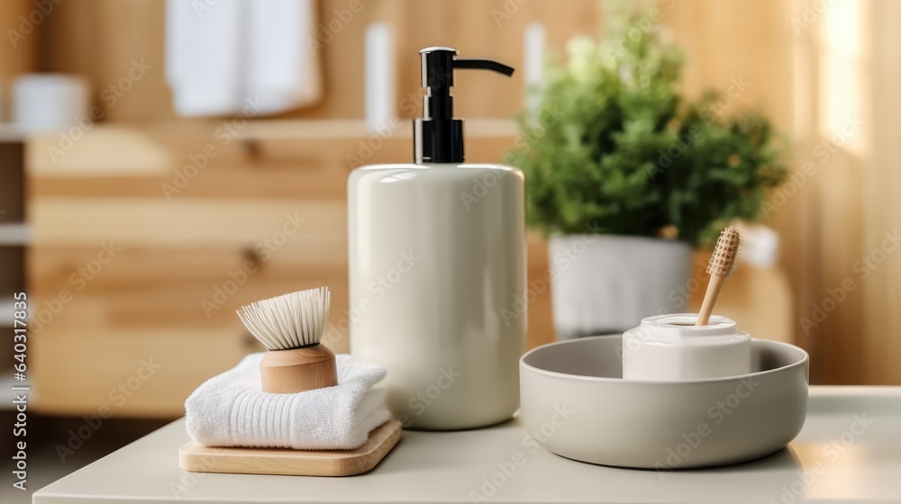 Interior of modern restroom with soap dispenser and cup with toothbrushes on table in house.