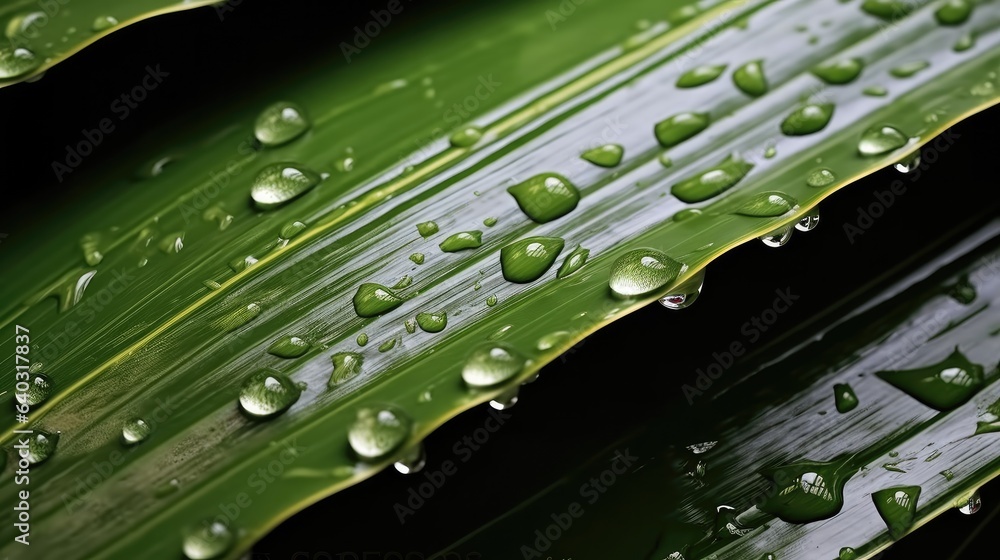 Tropical coconut palm leaf with water droplets.