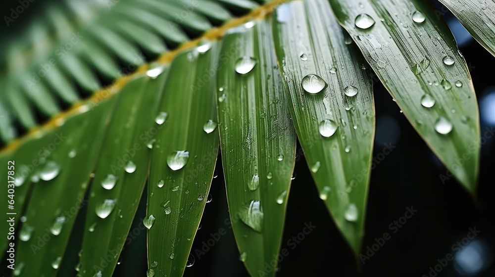 Tropical coconut palm leaf with water droplets.