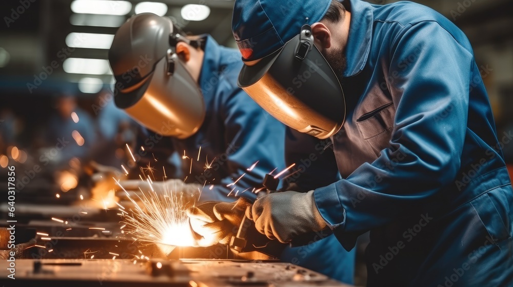 Welding worker team working arc weld metal joint production in heavy industry.