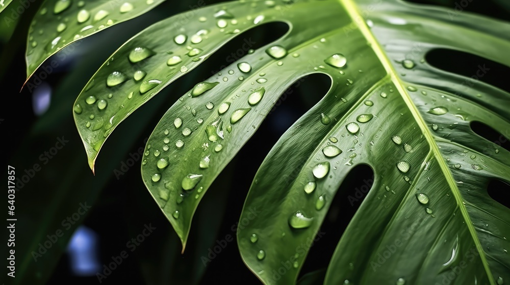 Green leaves with water drops of monstera or split-leaf philodendron the tropical foliage plant grow