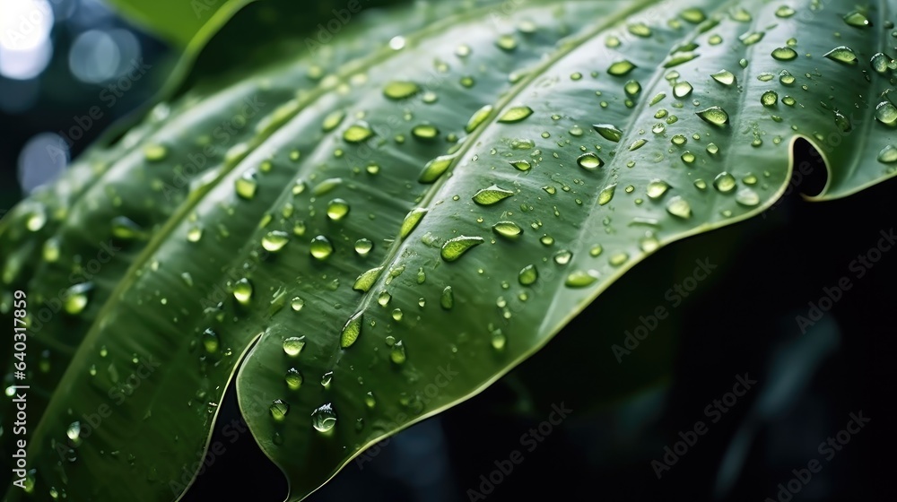 Tropical green botanical jungle leaf with water droplets, Water droplet on palm leaf.