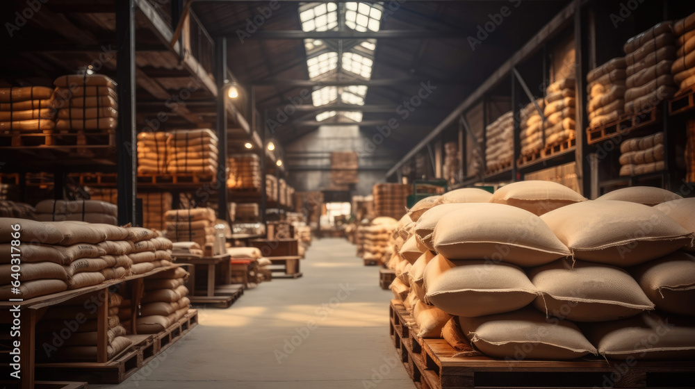 Old warehouse with canvas bags.