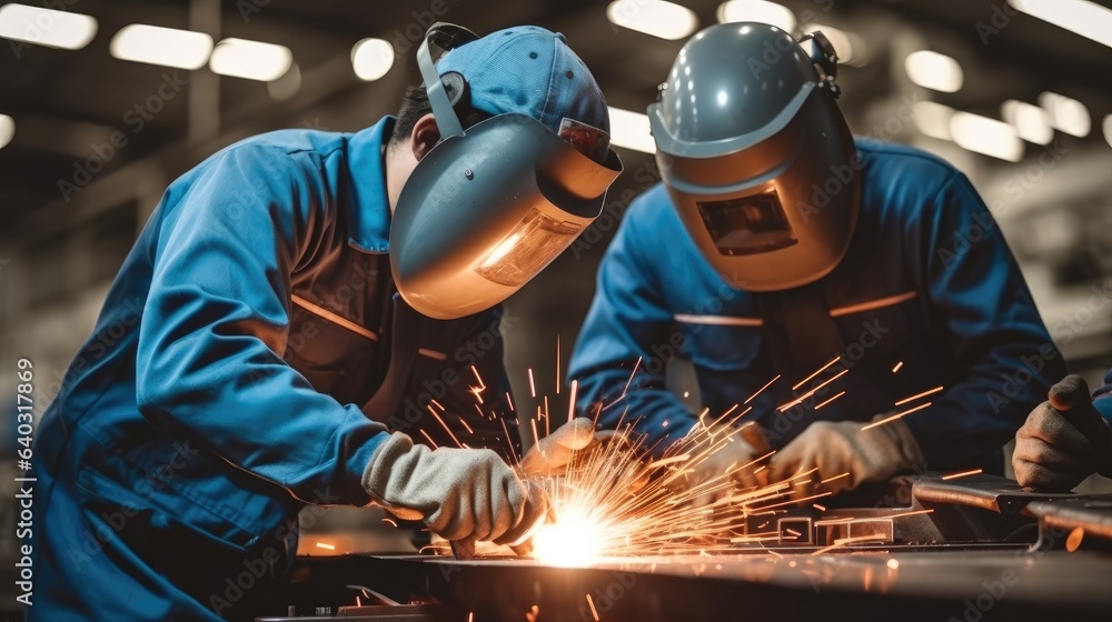 Welding worker team working arc weld metal joint production in heavy industry.