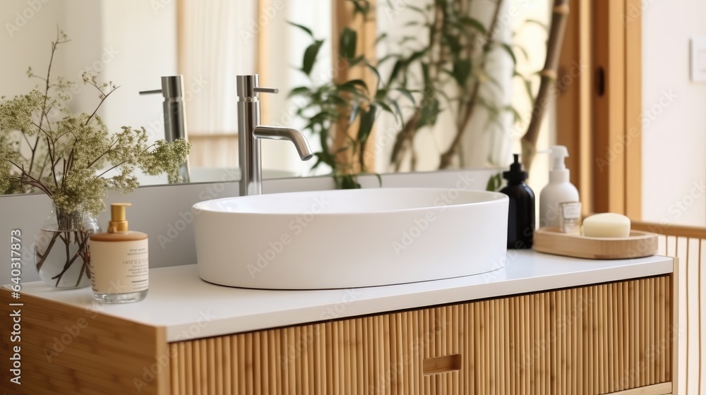 Modern of bathroom with sink bowl on dressing table, Stool and mirror with shelving unit.