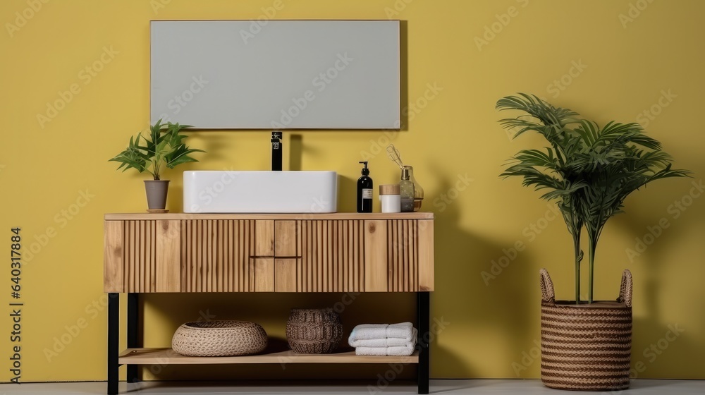 Modern of bathroom with sink bowl on dressing table, Stool and mirror with shelving unit.