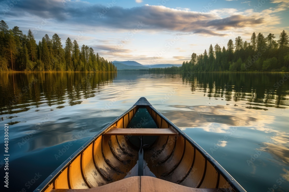 Kayak on the lake in the mountains at sunset. Karelia, Russia, canoe on lake, AI Generated