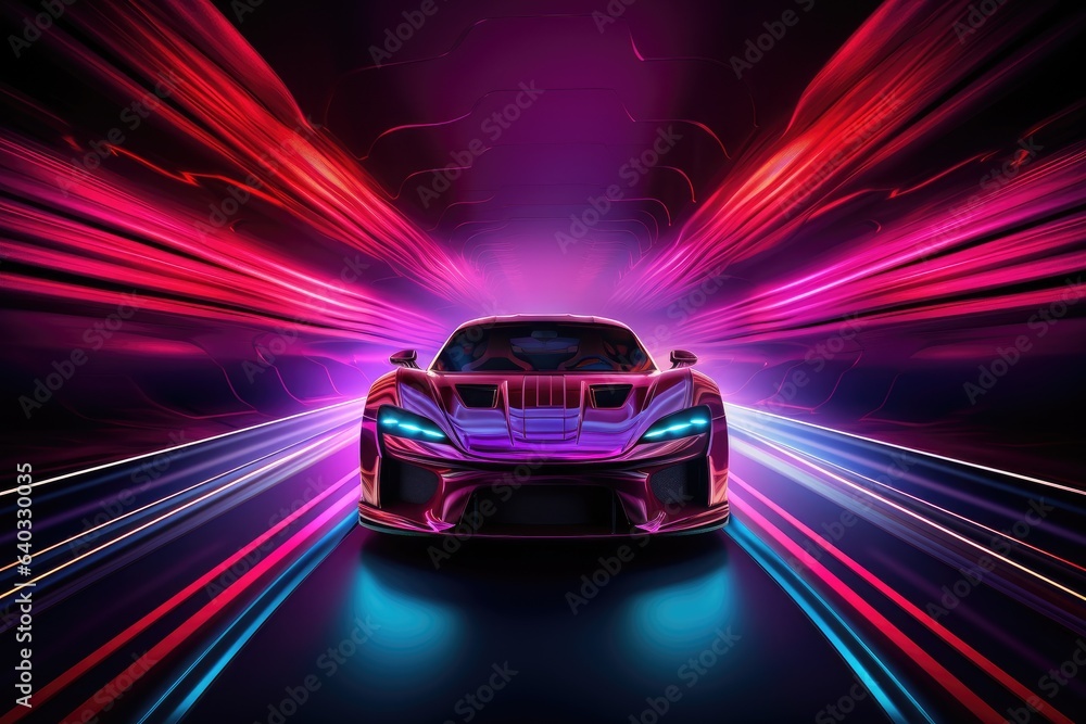 3D rendering of a sports car on a dark background with neon lights, Car in a tunnel with neon lighti