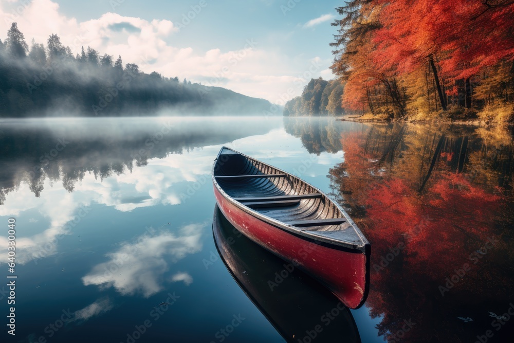 Red canoe on the lake in the autumn forest. Beautiful landscape. canoe on lake, AI Generated