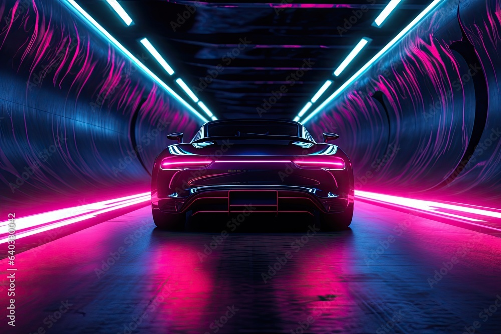 3D rendering of a sports car in a tunnel with neon lights, Car in a tunnel with neon lighting, front