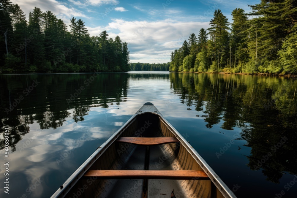 Kayak on a calm lake in the forest on a summer evening, canoe on lake, AI Generated