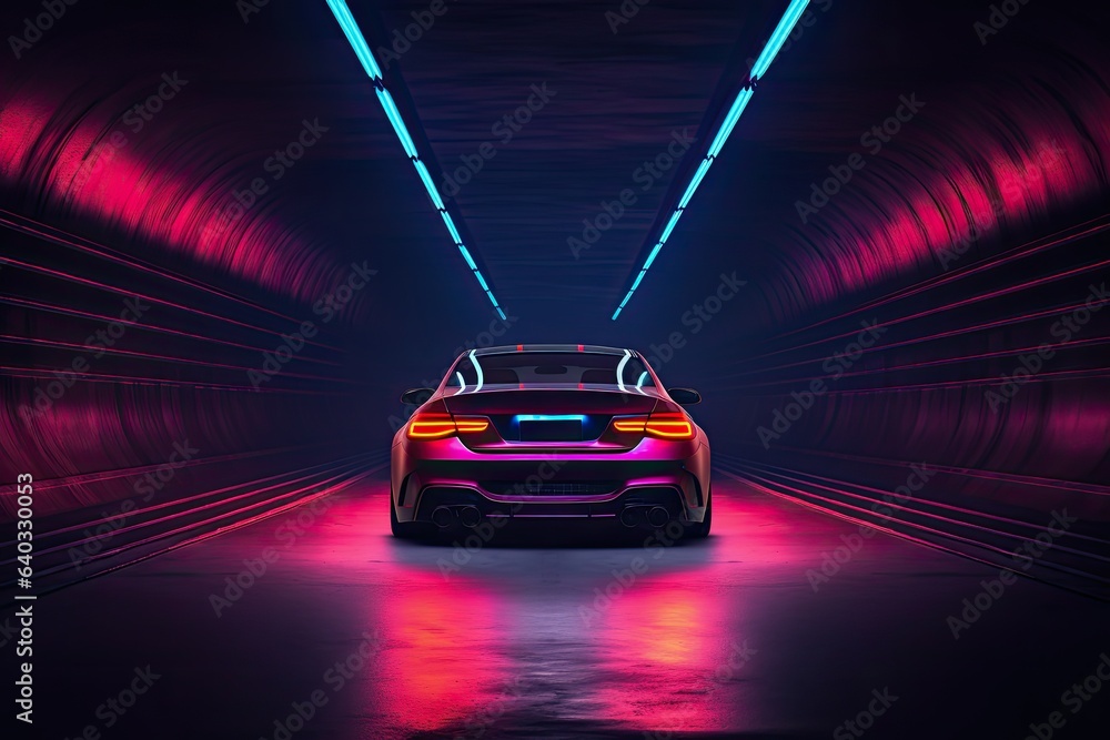 3D rendering of a car in a dark tunnel with neon lights, Car in a tunnel with neon lighting, front v