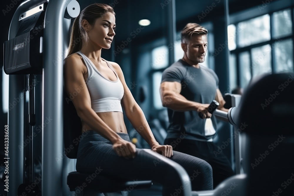 A man and a woman play sports in the gym with a personal trainer