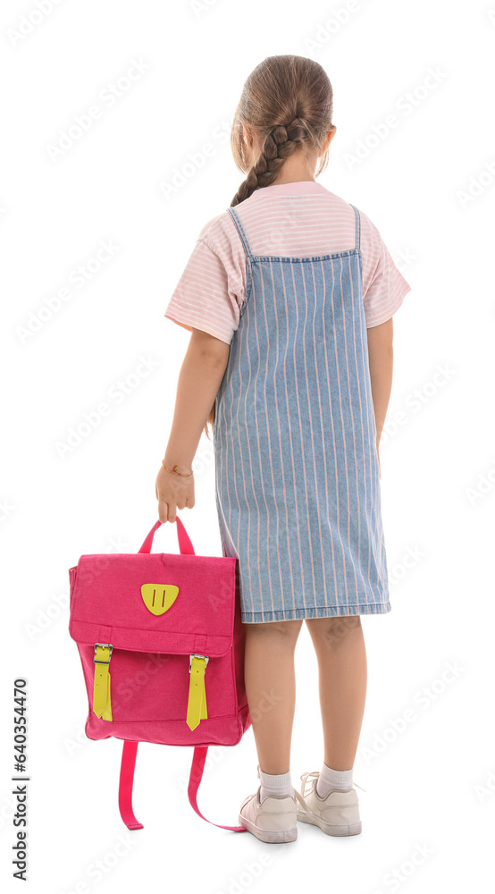 Little schoolgirl with backpack on white background, back view