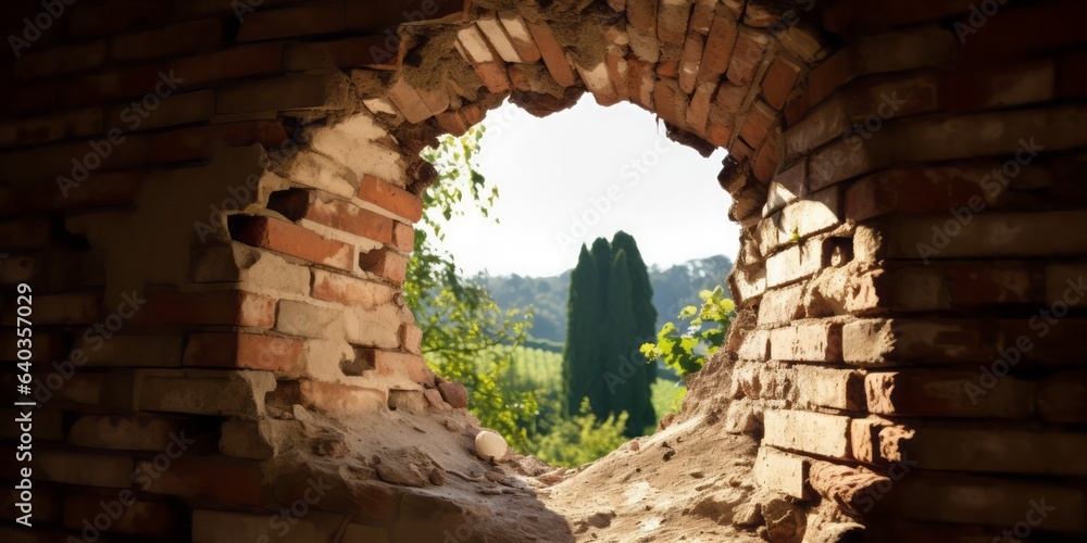 Smashed Hole in a Brick Wall, Bathed in Summer Sunlight