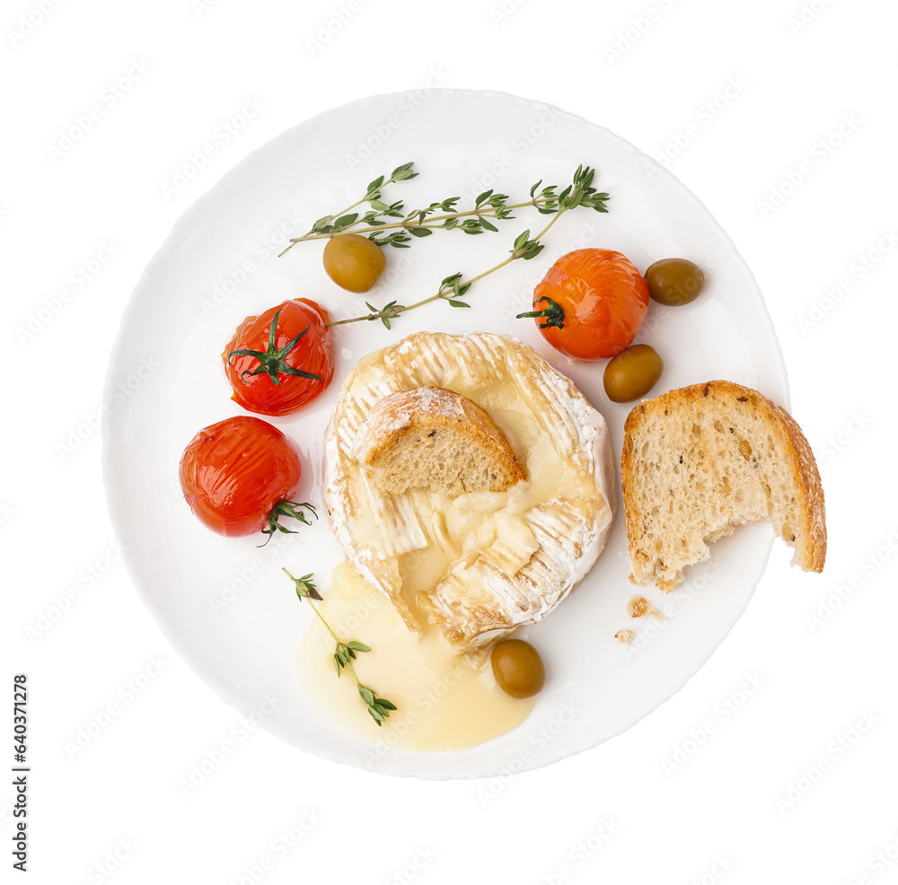 Plate of tasty baked Camembert cheese on white background