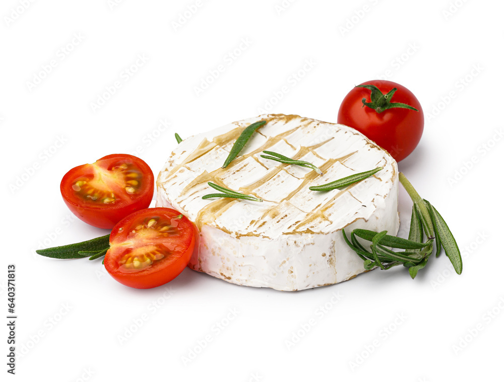 Tasty baked Camembert cheese with tomatoes on white background