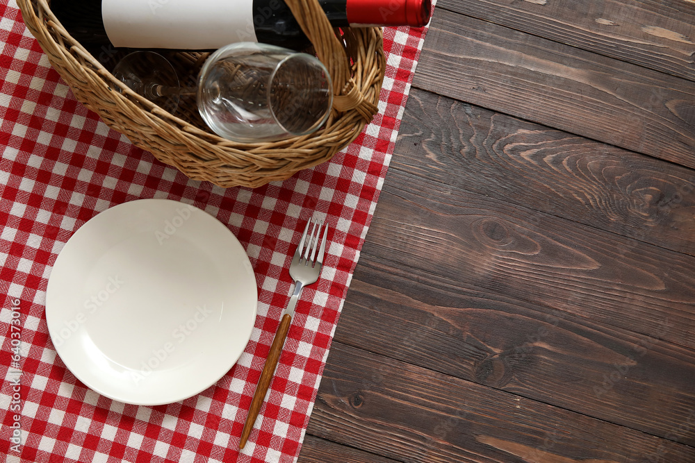 Beautiful setting for picnic on wooden background