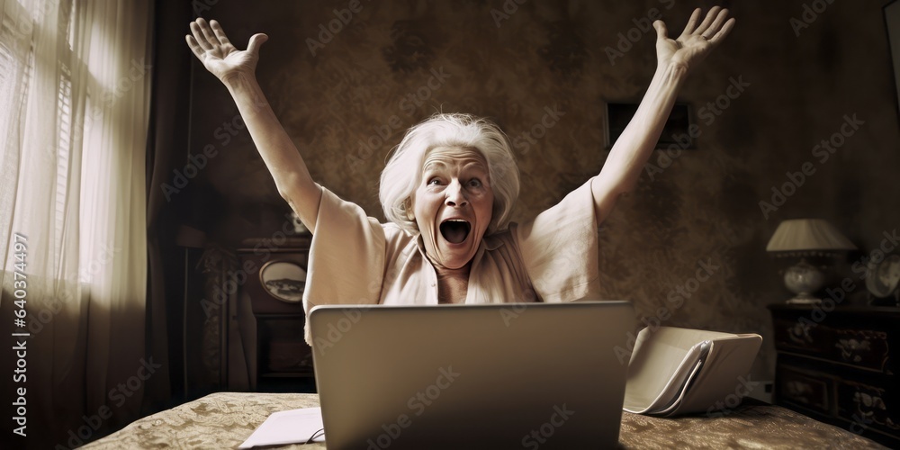 Middle-Aged Woman with Beautiful White Hair Cheers in a Cafe Barista Setting. Capturing the Vibrant 