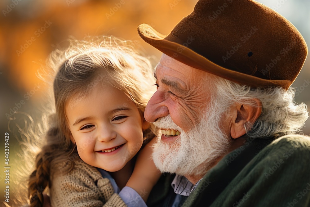 Happy grandfather and granddaughter, family portrait