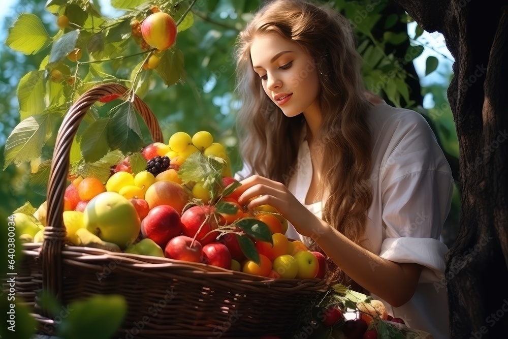 Portrait of a young beautiful girl surrounded by fruit