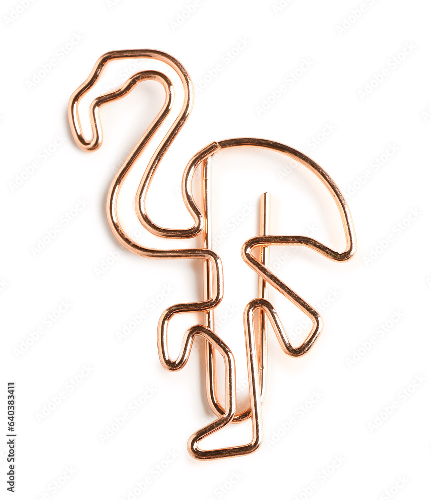 Rose gold paper clip in shape of flamingo on white background