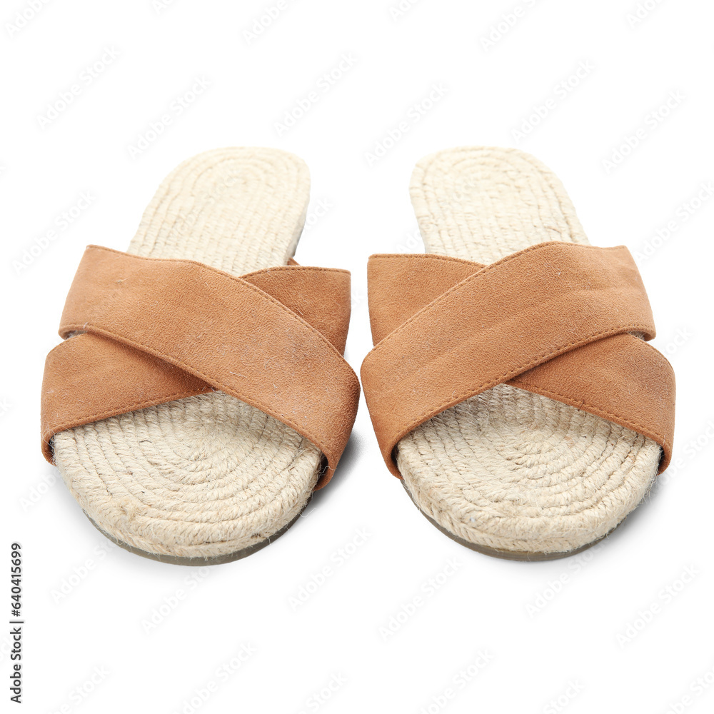 Stylish brown sandals on white background