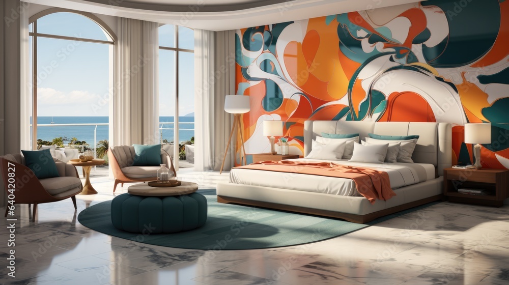 A bedroom with a large painting on the wall. Digital image.