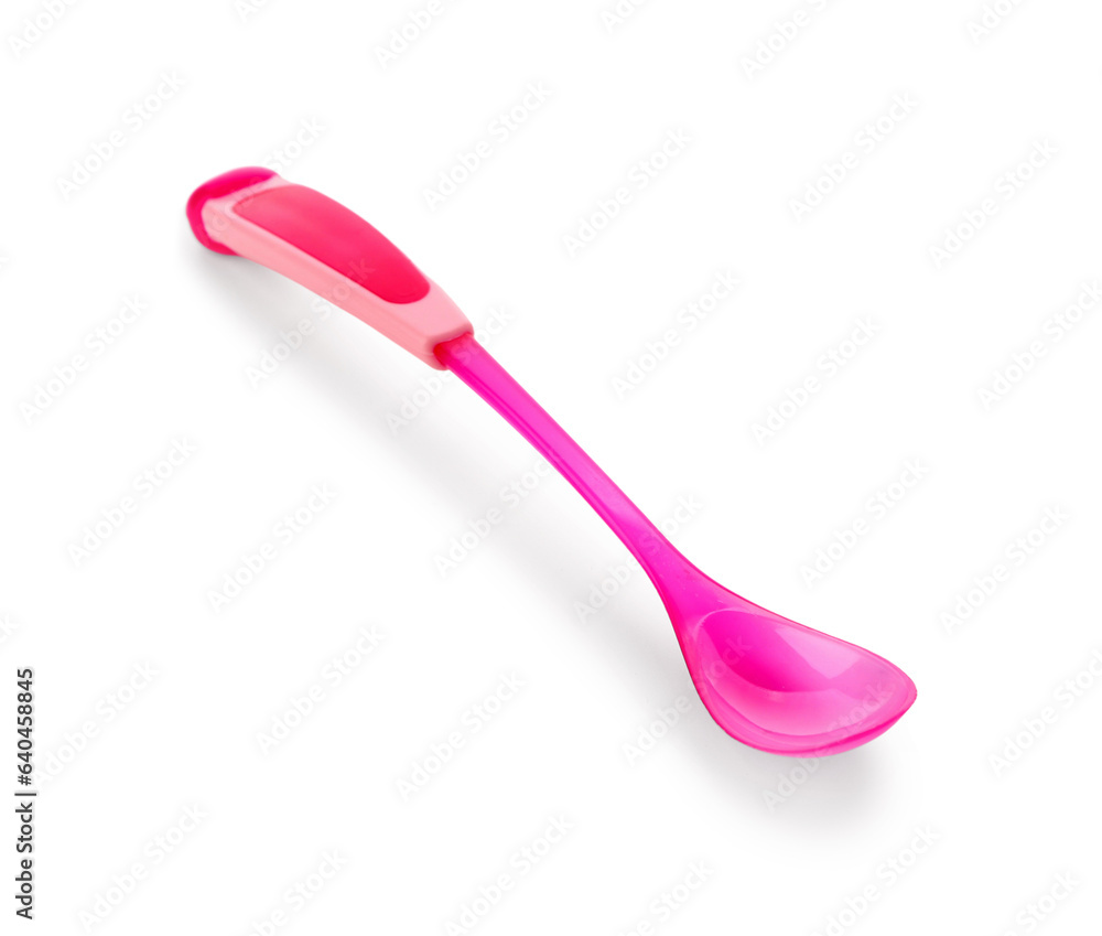 Pink plastic spoon for baby isolated on white background