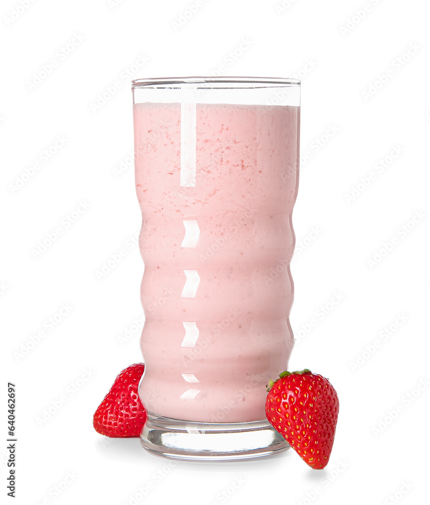 Glass of tasty strawberry smoothie isolated on white background