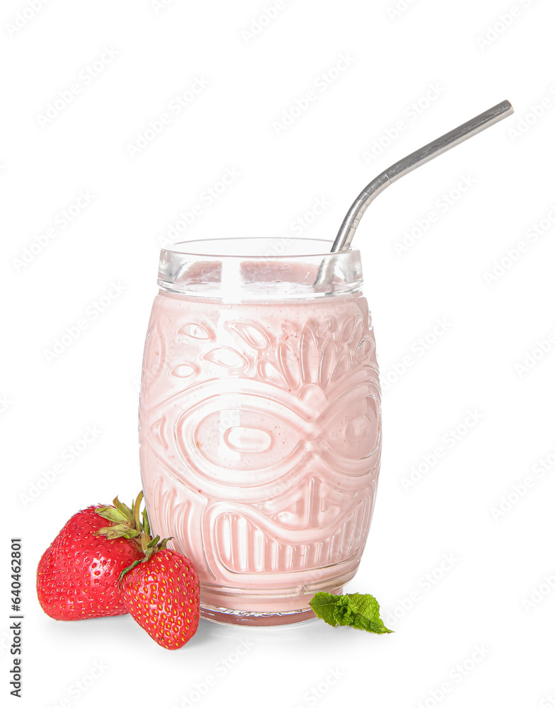 Glass of tasty strawberry smoothie isolated on white background