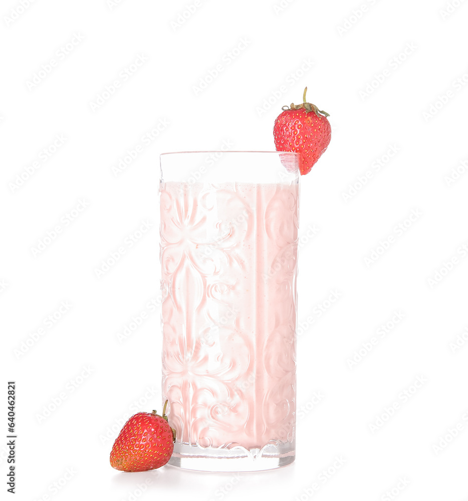 Glass of tasty strawberry smoothie isolated on white background