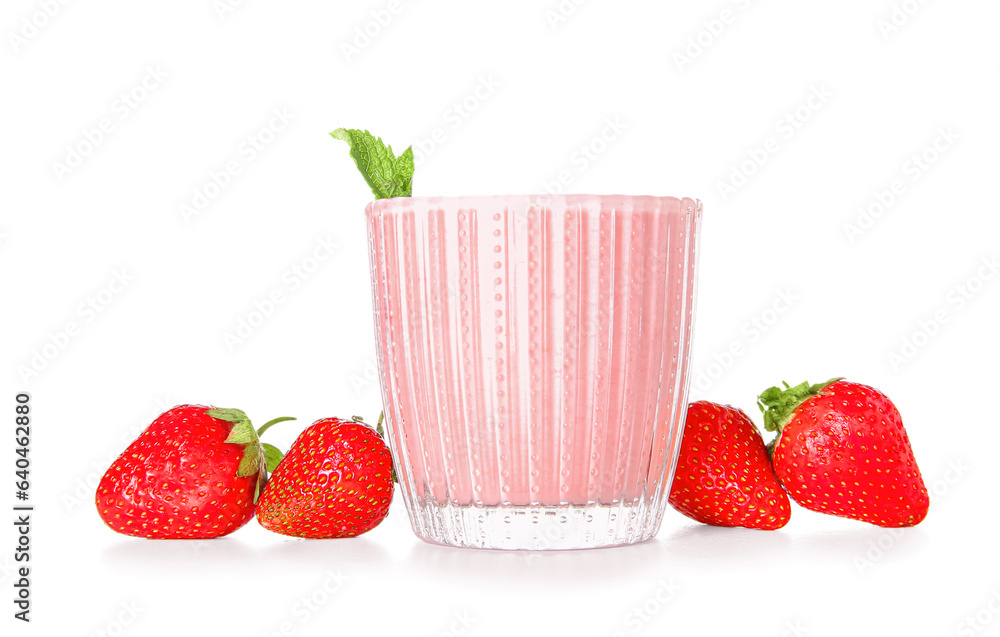 Glass of tasty strawberry smoothie isolated on white background