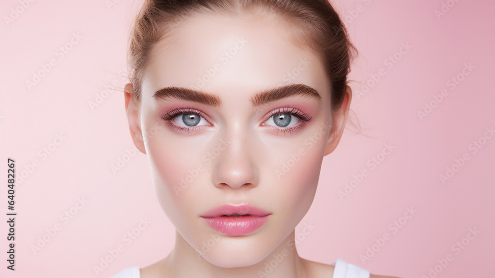 Beautiful young woman on a pink colored background