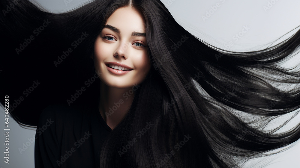 Haircare theme with woman with long black hair