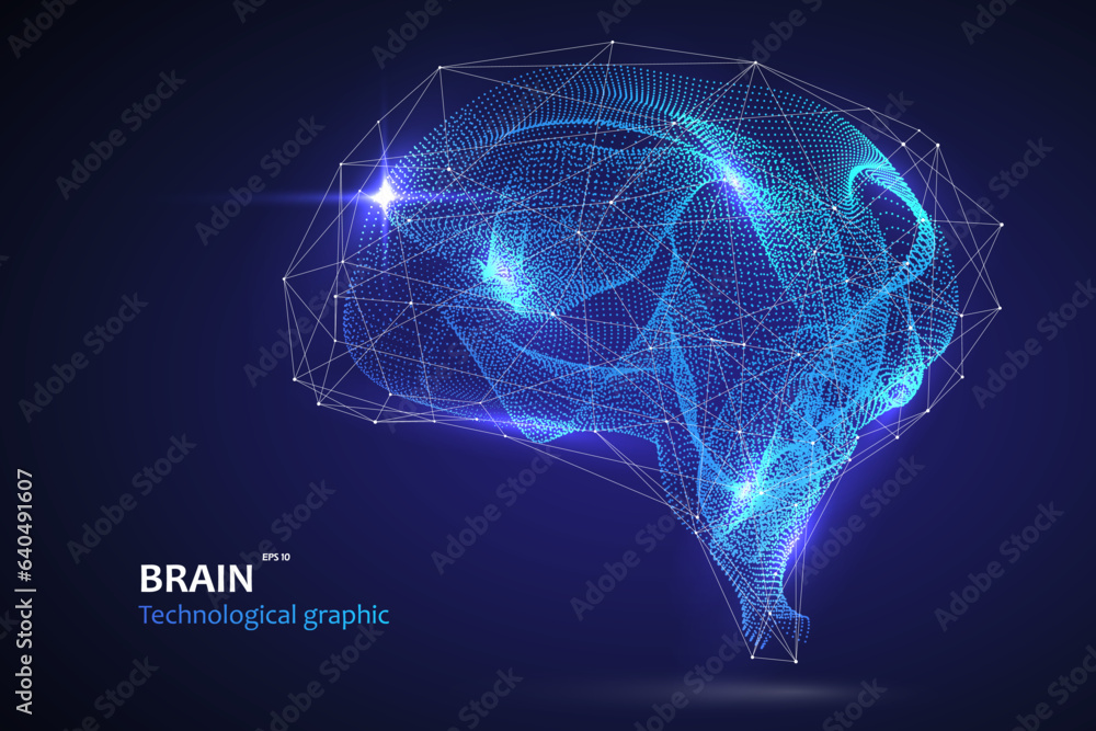 Brain graphic made of streamlined particles, vector illustration.