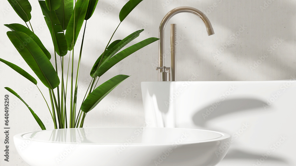 White round side table, bathtub, banana tree in luxury design bathroom in sunlight, leaf shadow on w