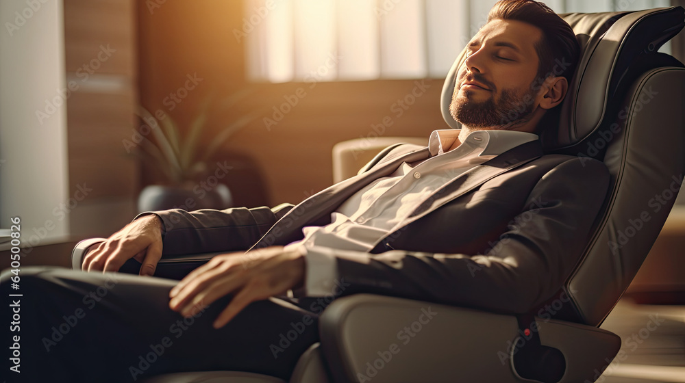 A businessman is relaxing on her massage chair in the living room while napping. electric massage ch