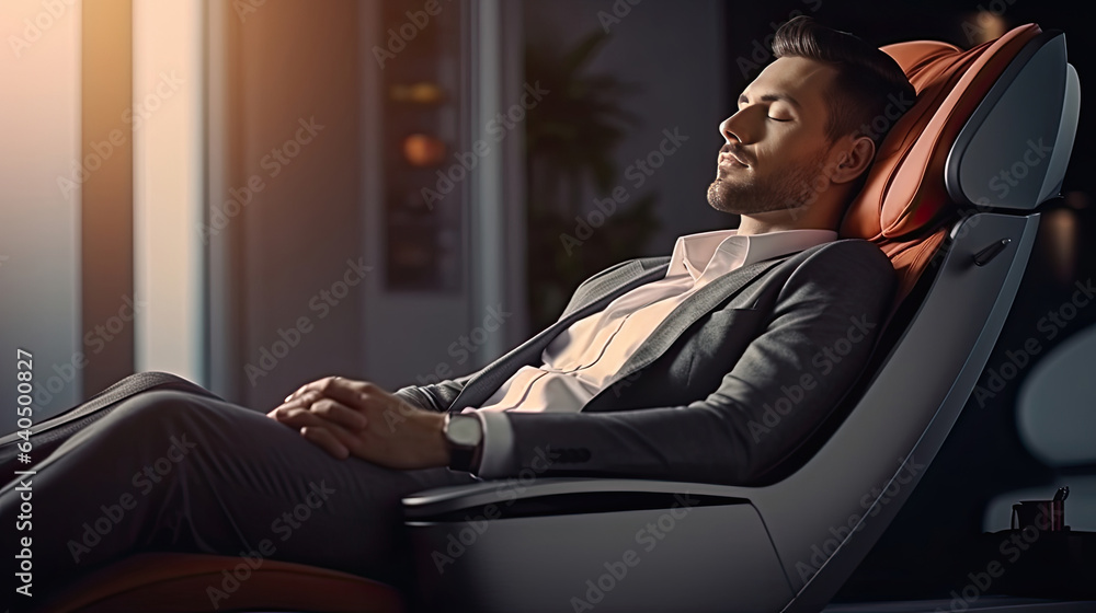 A businessman is relaxing on her massage chair in the living room while napping. electric massage ch