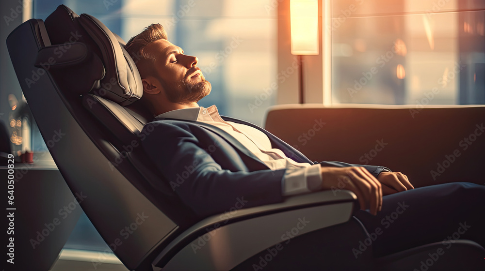 A businessman is relaxing on her massage chair in the living room while napping. electric massage ch