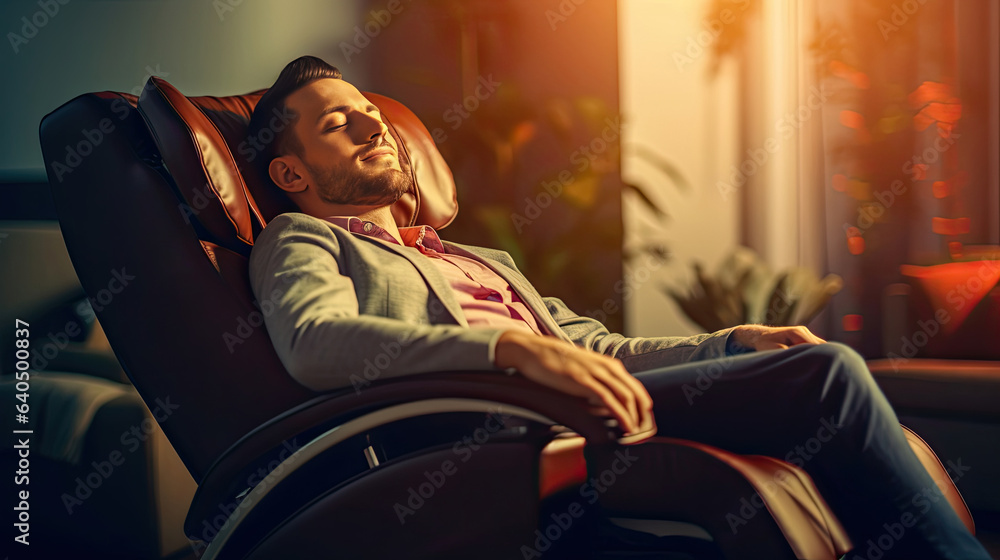 A businessman is relaxing on her massage chair in the living room while napping. electric massage ch