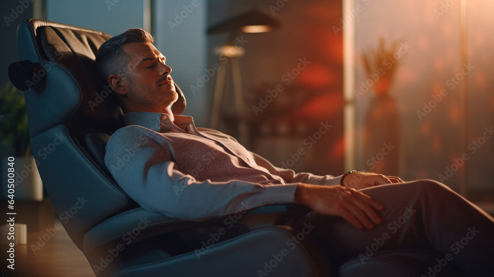 A businessman is relaxing on her massage chair in the living room while napping. electric massage ch