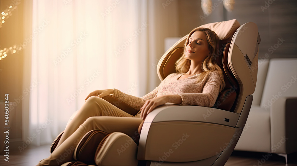 A businesswoman is relaxing on her massage chair in the living room while napping. electric massage 