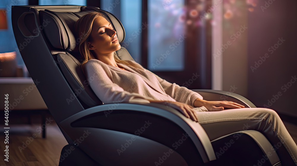 A businesswoman is relaxing on her massage chair in the living room while napping. electric massage 