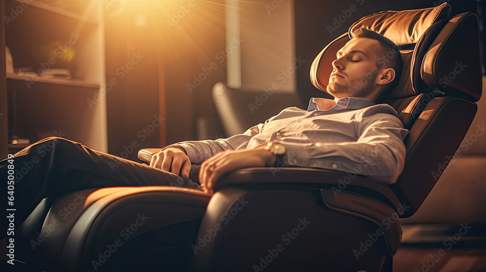 A businessman is relaxing on her massage chair in the living room while napping. electric massage ch