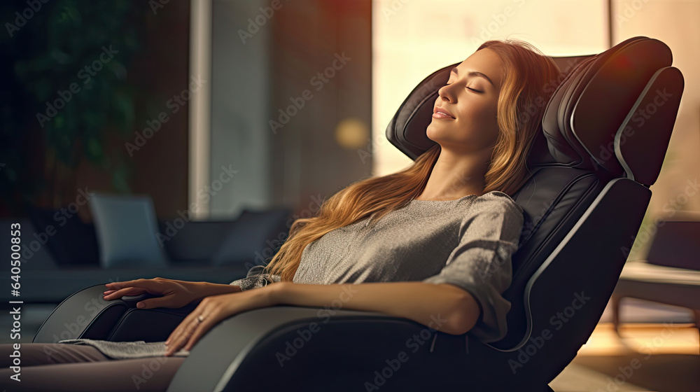 A businessman is relaxing on her massage chair in the living room while napping. Generative Ai