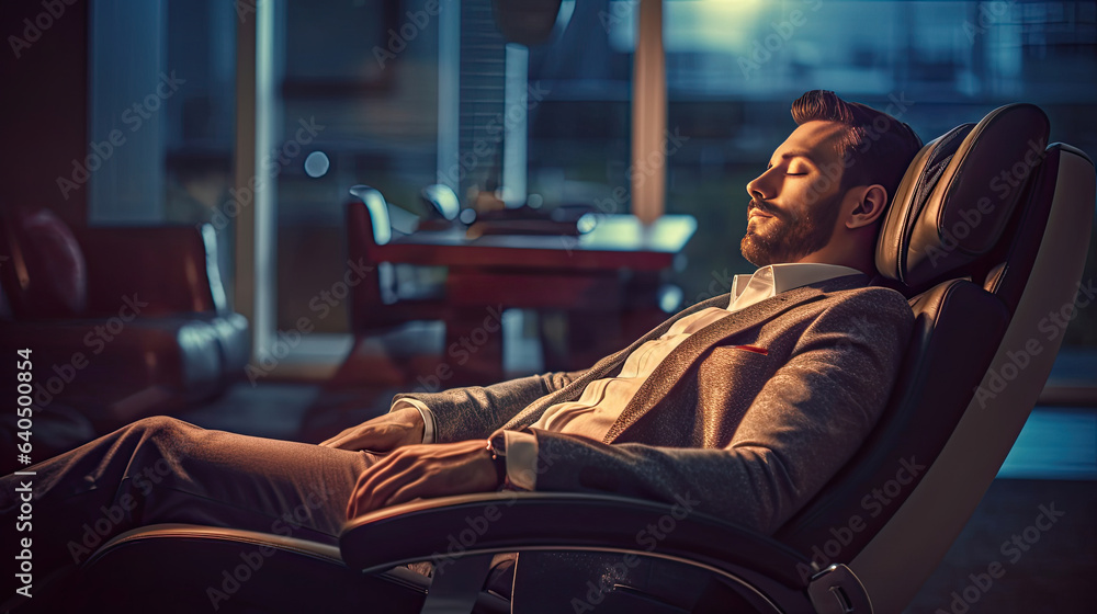 A businessman is relaxing on her massage chair in the living room while napping. electric massage ch